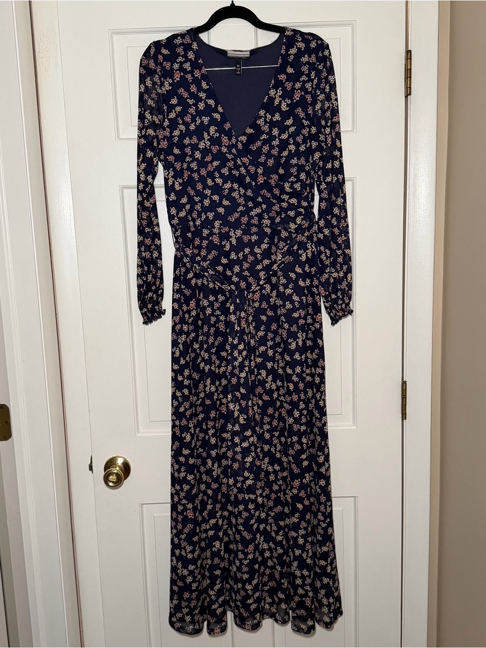 Allison Brittney Navy Floral Faux Wrap Mesh Maxi Dress Size M
